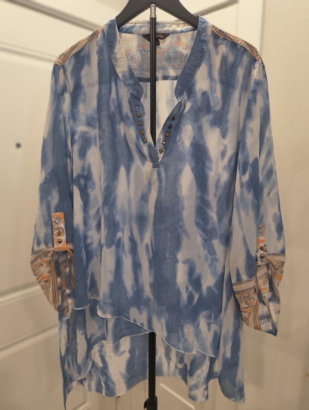 Multiples 2X Blue Tie-Dye Water Color Tunic Blouse Semi Sheer Breezy Hi-Low Hem